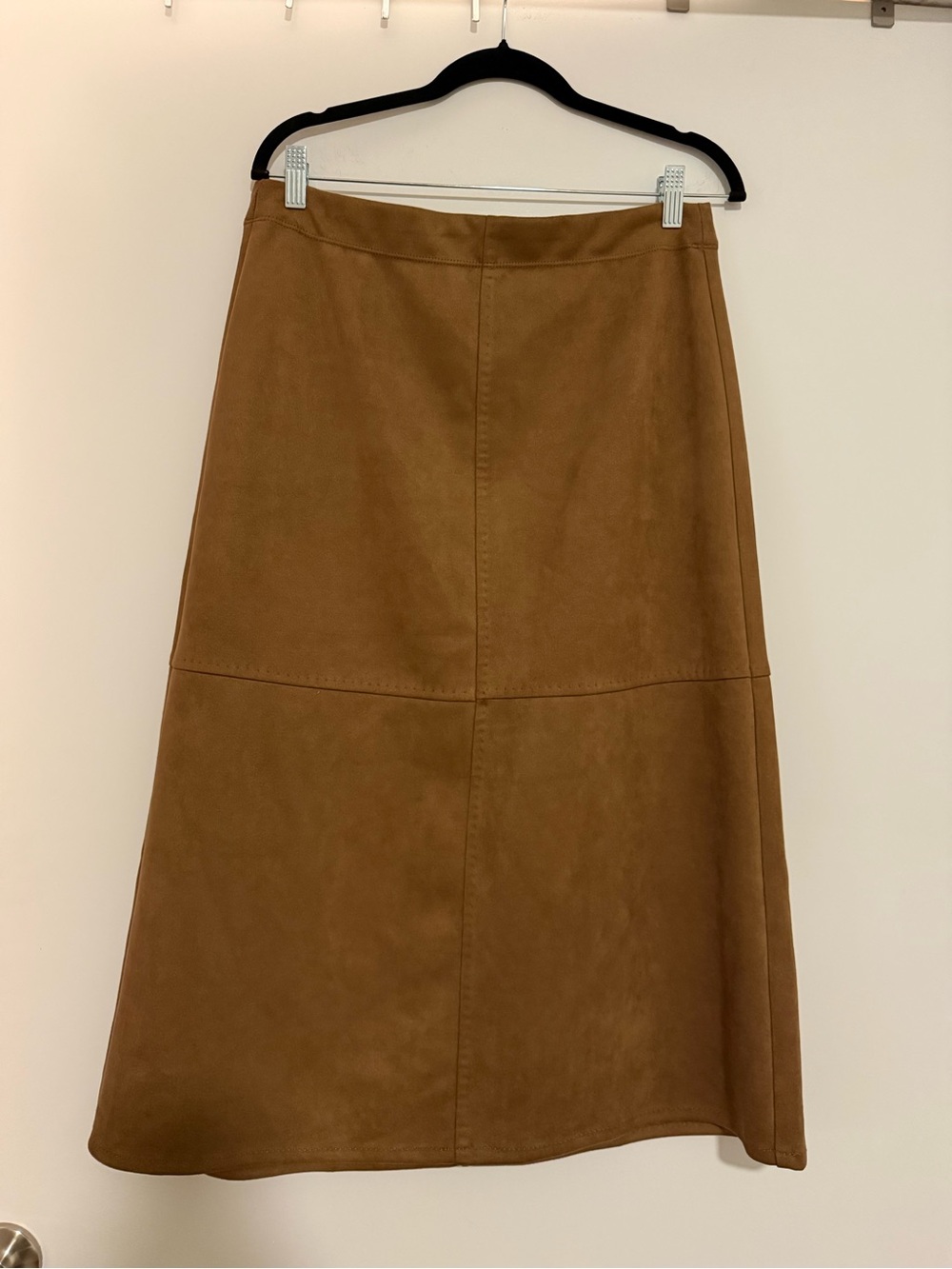 Brown/tan suede A-line midi skirt
